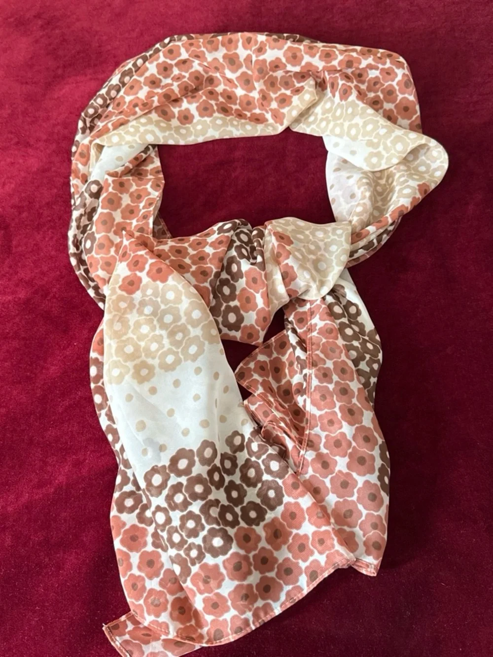 Ann Taylor Floral Dot Border Scarf in Rust, Brown & Cream size L